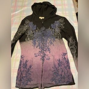 Beautiful, zip up sweater, black and purple from one world